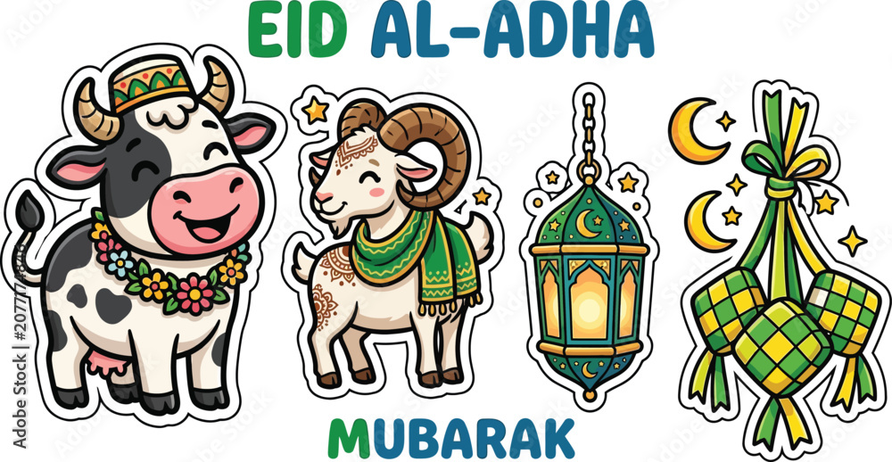 Fototapeta premium Celebrate Eid Al-Adha with Festive Illustrations of a Cow, Goat, Lantern, and Ketupat