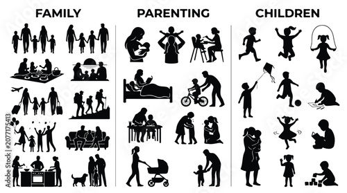 Family parenting and children silhouettes set, black human figures collection, diverse people icons for social infographics and lifestyle design