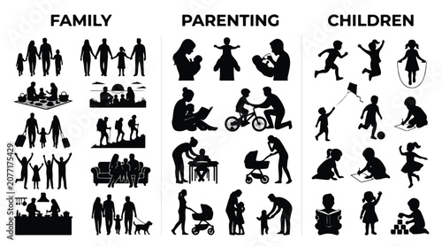 Family, parenting and children silhouette icons, black vector set of people lifestyle activities, parents and kids bonding moments for infographics