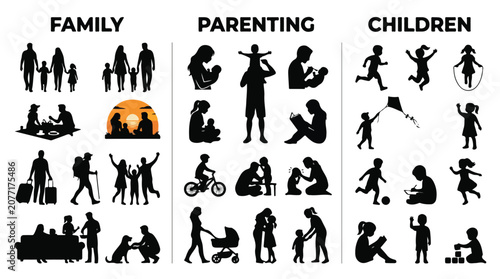 Family silhouette collection with parents and children, black vector set of people in outdoor activities, diverse family life icons