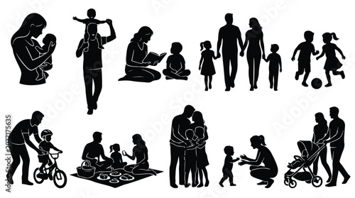 Family, parenting and children silhouette icons set, black people figures in various lifestyle activities, parents and kids vector collection