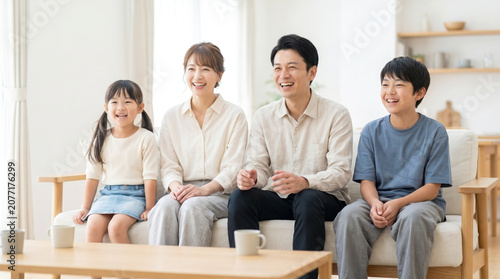 自宅の屋内でテレビを囲み映画や動画配信を楽しむ日本人家族