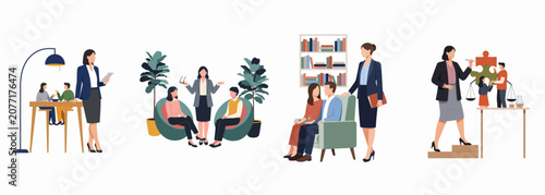 Professional female lawyer or mediator providing legal advice and consultation to couples and solving complex cases in various office settings.