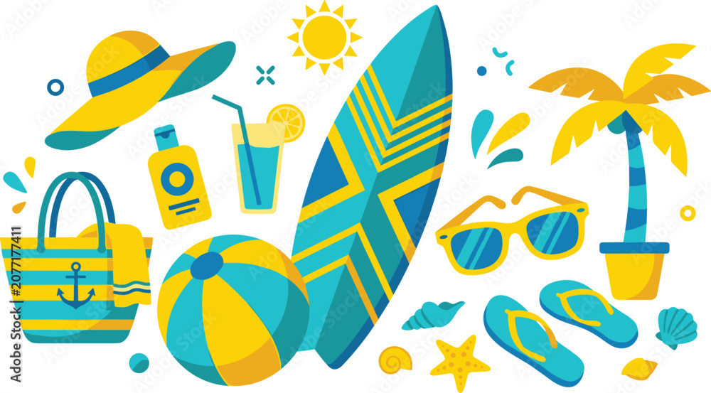 Obraz premium Summer Beach Vacation Icon Set featuring Surfboard Straw Hat Beach Bag Sunglasses Flip Flops Palm Tree and Tropical Travel Essentials Vector Illustration