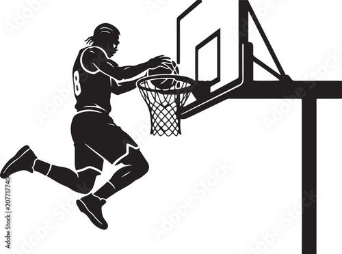 Basketball player silhouette performing a powerful dunk over the hoop