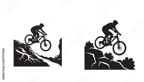 Silhouette of mountain biker jumping on a rocky trail extreme sports concept
