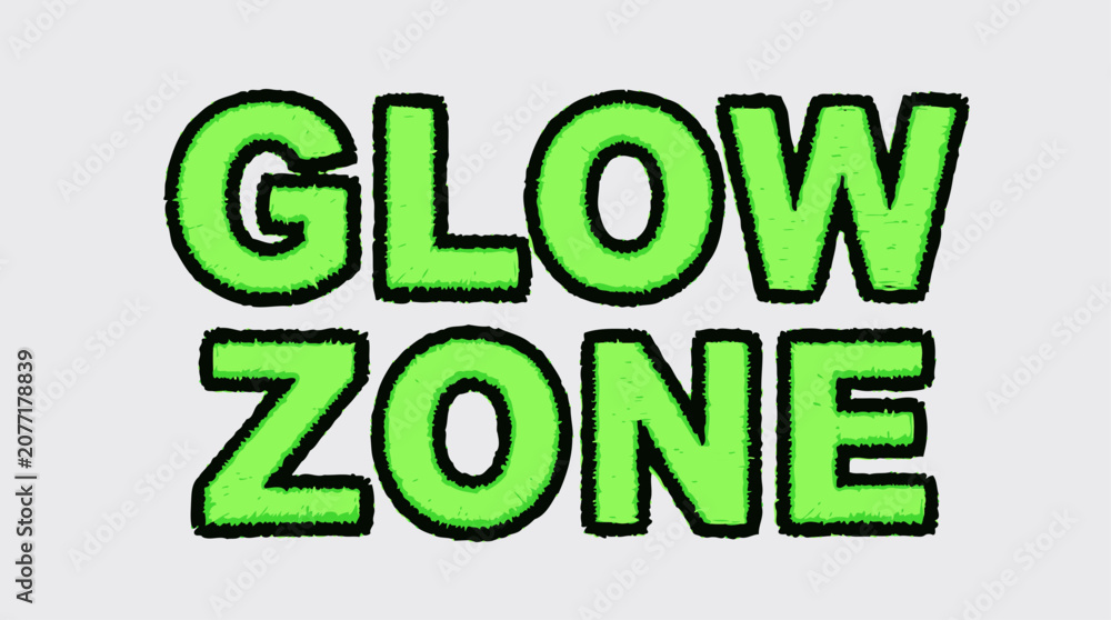 Naklejka premium Glow Zone Typography: Bold, neon green letters spelling GLOW ZONE with a fuzzy texture, set against a light gray background, creating a vibrant and energetic visual.