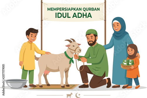 Joyful Muslim family preparing a sacrificial goat for the traditional Eid al-Adha celebration, embodying devotion and communal giving