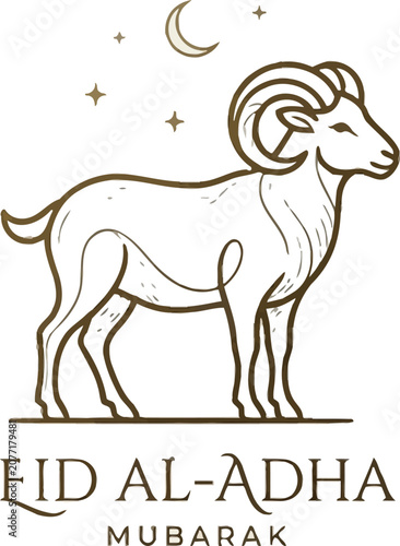Minimalist Line Art Vector Design Featuring a Graceful Ram Under a Crescent Moon for Islamic Festival Celebration and Cultural Observance