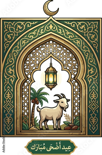 Elegant Eid al-Adha Celebration Illustration with Sacrificial Goat and Islamic Ornamental Arch with Lantern