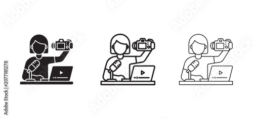 people sitting with laptops and cameras  recording video content with microphones