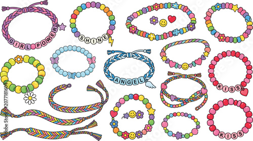 Quadro su tela Cute colorful friendship bracelets vector set, with alphabet beads and braided s