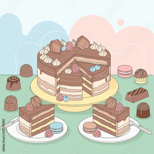 Delicious chocolate cake dessert with macarons and berries illustration