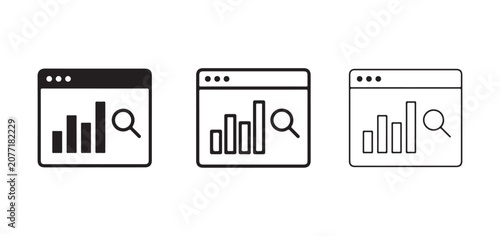 browser windows with bar charts and magnifying glass icons for data analysis and search  web design elements