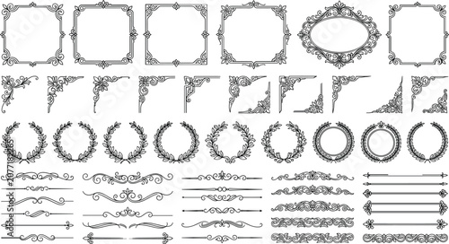 Vintage floral borders vector elements set, luxury filigree corners and laurel wreaths for certificate design