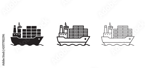 cargo ships with containers on deck in different line styles and colors  isolated on white background