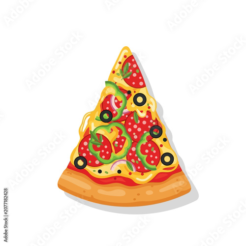 Delicious pizza slice with toppings isolated on white background for culinary design