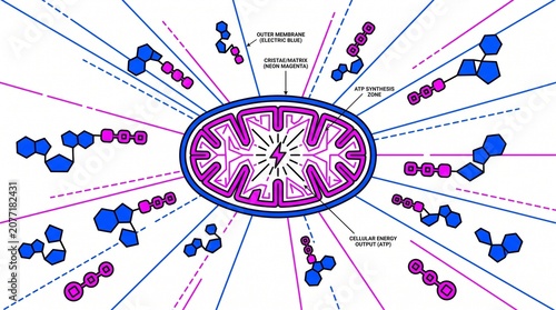 Mitochondria illustration, cellular energy production, ATP synthesis, and electron transport chain diagram. Biology and biochemistry concept for education and research.