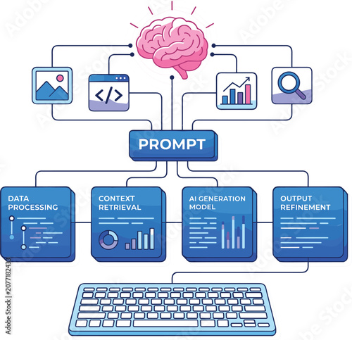 Artificial intelligence prompt engineering infographic template with pink brain icon keyboard and data processing blocks