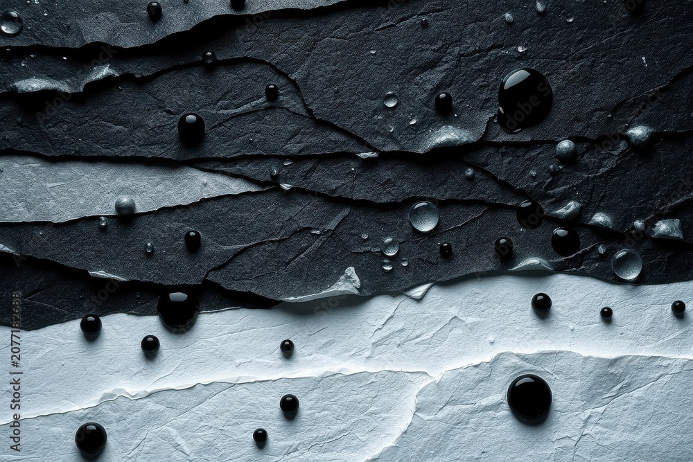 Obraz premium Layered paper textures, dark tones transition to white. Water droplets present, creating contrast, visual interest.