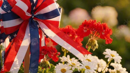 Patriotic USA Independence Day flowers arrangement with American flag ribbon