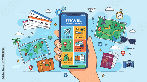 Hand holding smartphone with travel app.