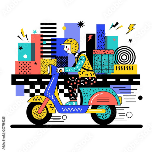 Delivery person riding scooter through cityscape with packages and geometric shapes