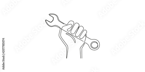 Continuous line drawing of a hand holding a wrench tool for repair and maintenance work