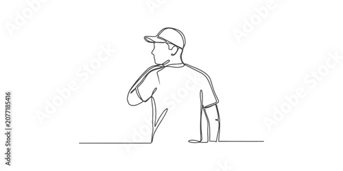 Cuadro en lienzo Single continuous line drawing of a young man wearing a baseball cap looking awa