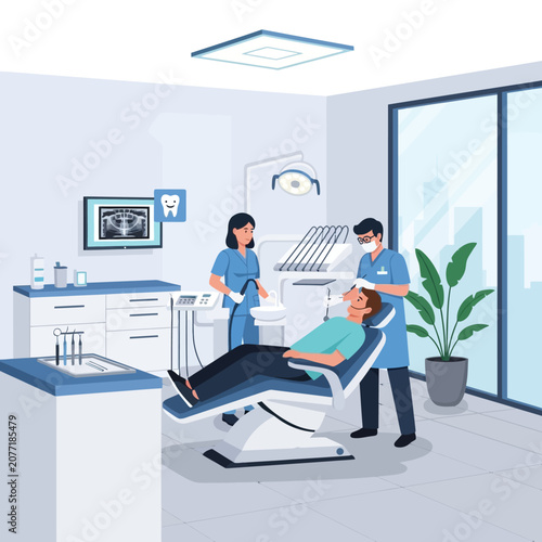 Dental clinic scene dentist and assistant examining patients teeth