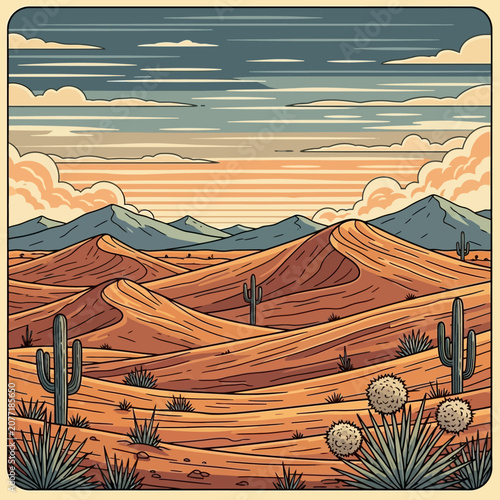 Desert landscape illustration sand dunes cactus mountains and sky