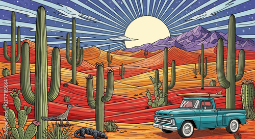 Desert landscape illustration featuring cactus and vintage truck under sunset