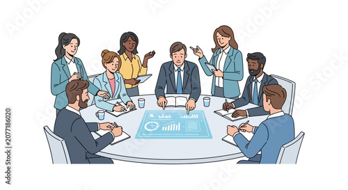 Diverse business team meeting around table with digital interface