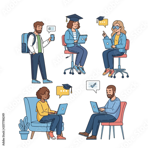 Diverse group of people using laptops and smart devices in various settings