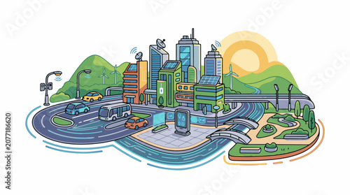 Animated smart city with renewable energy and connected transport systems