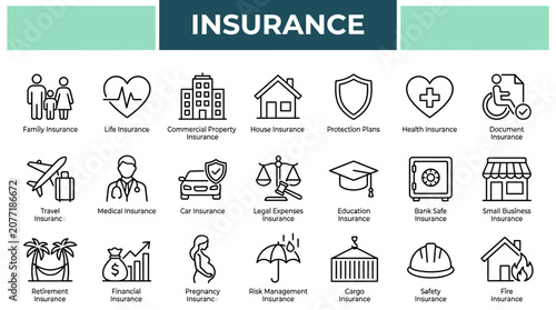 Comprehensive insurance icon set showing health, life, auto, home, travel, and pet coverage icons for vector design