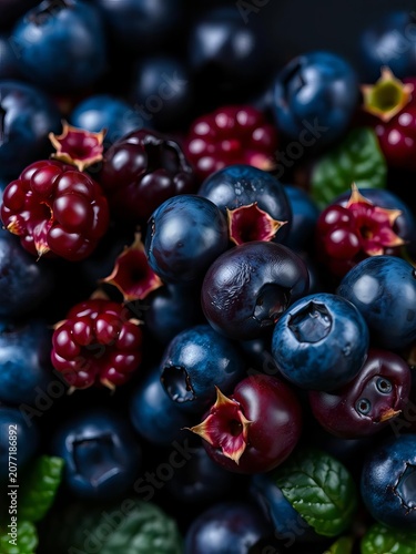 Deep blue berries bursting with juicy sweetness on a dark background, succulent, blue