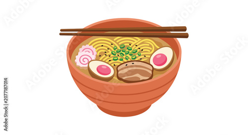 Bilde på lerret Bowl of ramen with toppings and chopsticks vector illustration on a white backgr