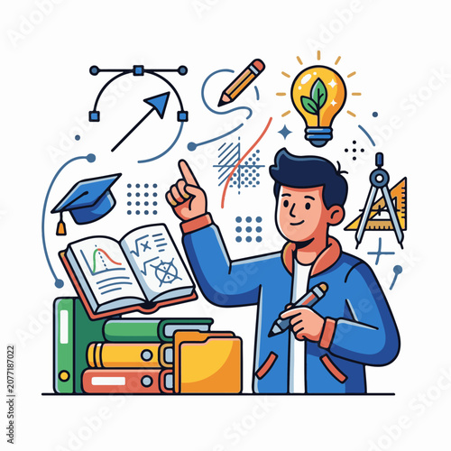 Animated student with books math symbols and idea bulb