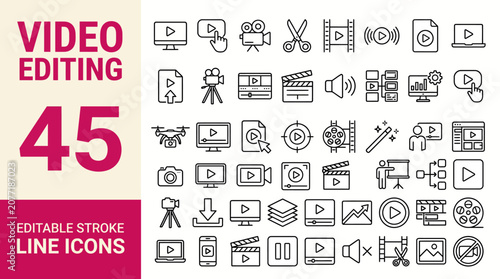 Canvastavla Video editing icon set. Editable line icons. Vector illustration.