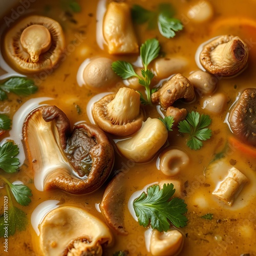 Dried mushrooms and vegetables add texture to the soup, food, ||mushrooms