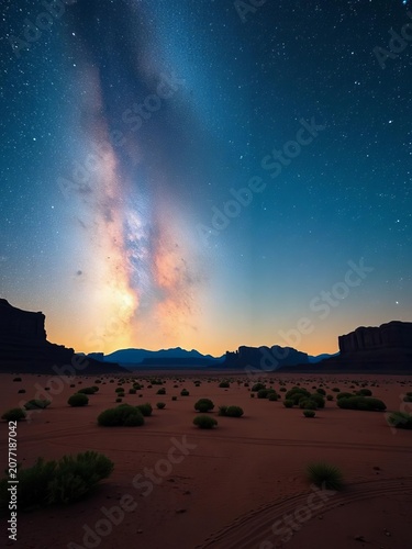 Desert landscape with majestic Milky Way shining bright, galaxy, vast