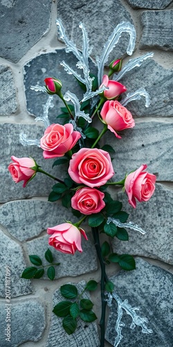 Elegant roses entwined with icy branches on a weathered stone backdrop evoke a sense of serene romanticism, Whimsical, Atmospheric