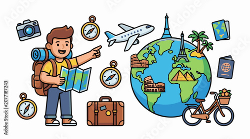 Animated traveler points to globe with landmarks plane and bicycle