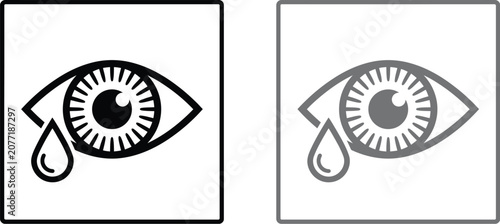 Minimalist black and grey line art icons showing a crying eye inside a square frame