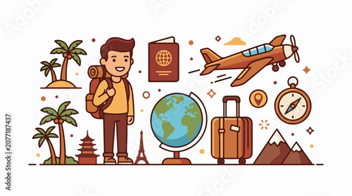 Animated traveler with globe passport plane and luggage