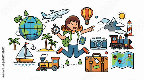 Animated traveler with globe plane hot air balloon and various transport