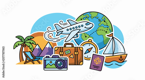 Animated vacation icons airplane passport suitcase camera globe beach