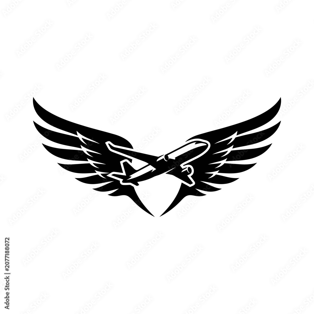 Obraz premium Airplane, wing, black, vector icon, aviation symbol, flight logo, travel emblem isolated on White Background