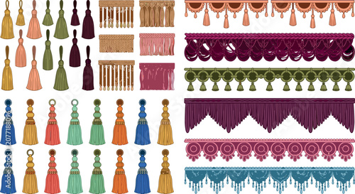 фотографія Luxury Curtain Tassel and Elegant Pelmet Valance Fringe Border Vector Set with V